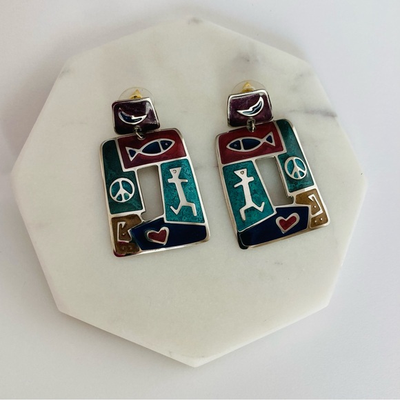 Edgar Berebi Enamel Dangle Stud Earrings Silver Tone Fish Man Peace Sign Heart - Picture 8 of 11